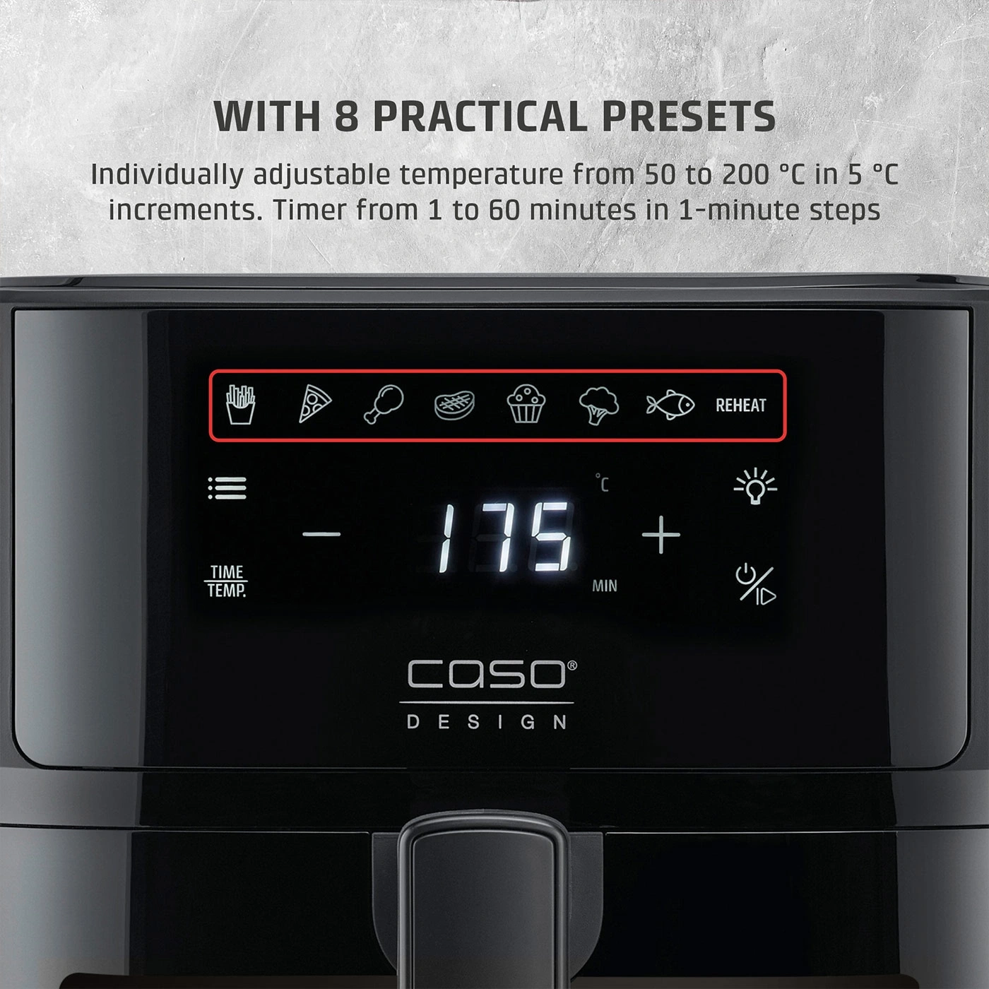 An air fryer with a digital display showing 175 degrees Celsius.