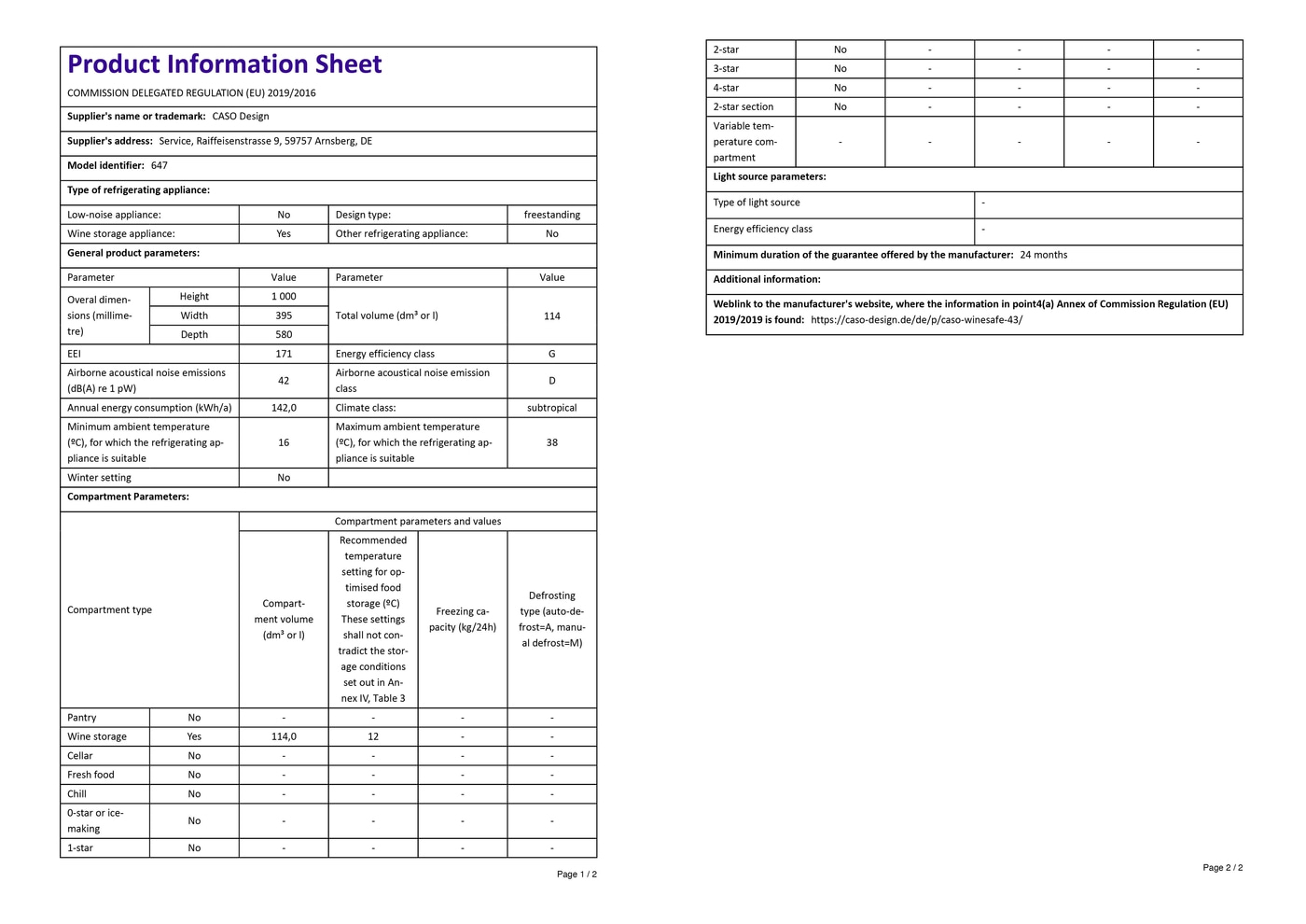 Product information sheet with technical data for refrigerators, energy efficiency, and other details.