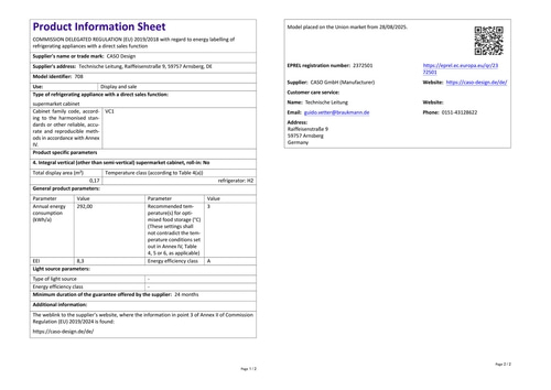 Product data sheet with technical specifications and energy efficiency class A.