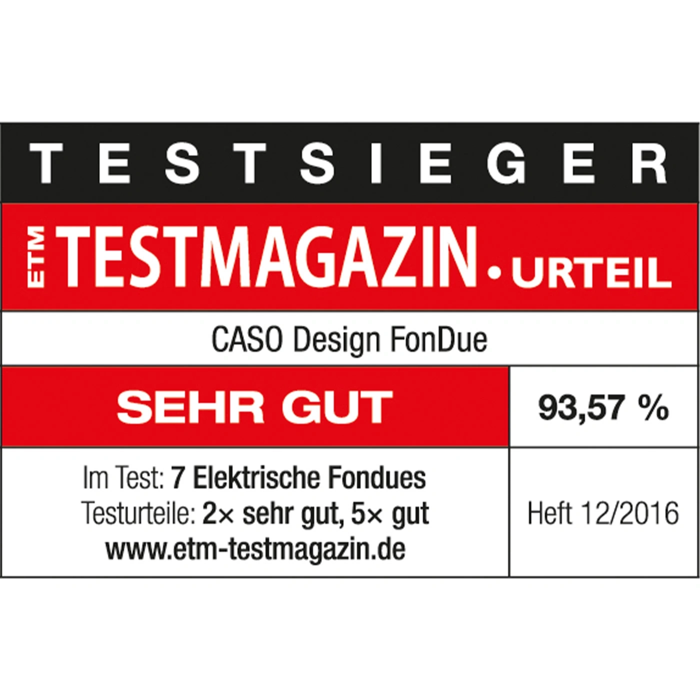 Testmagazin Urteil: CASO Design FonDue, Note Sehr Gut, 93,57%, Heft 12/2016