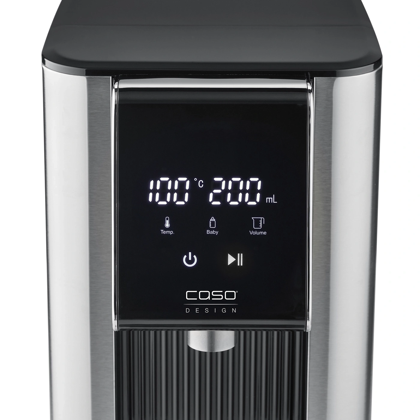 Stainless steel water boiler with digital display showing temperature and volume
