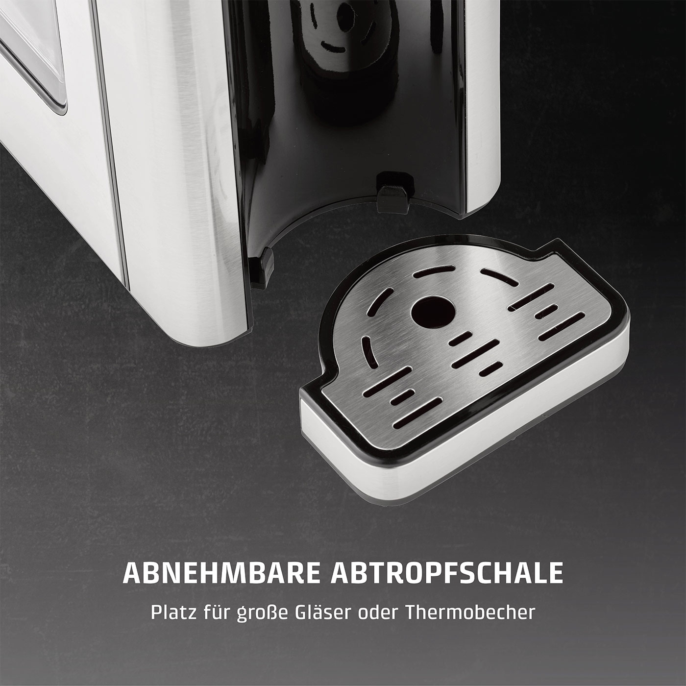 Abnehmbare Abtropfschale, Platz für Gläser und Thermobecher, Edelstahl
