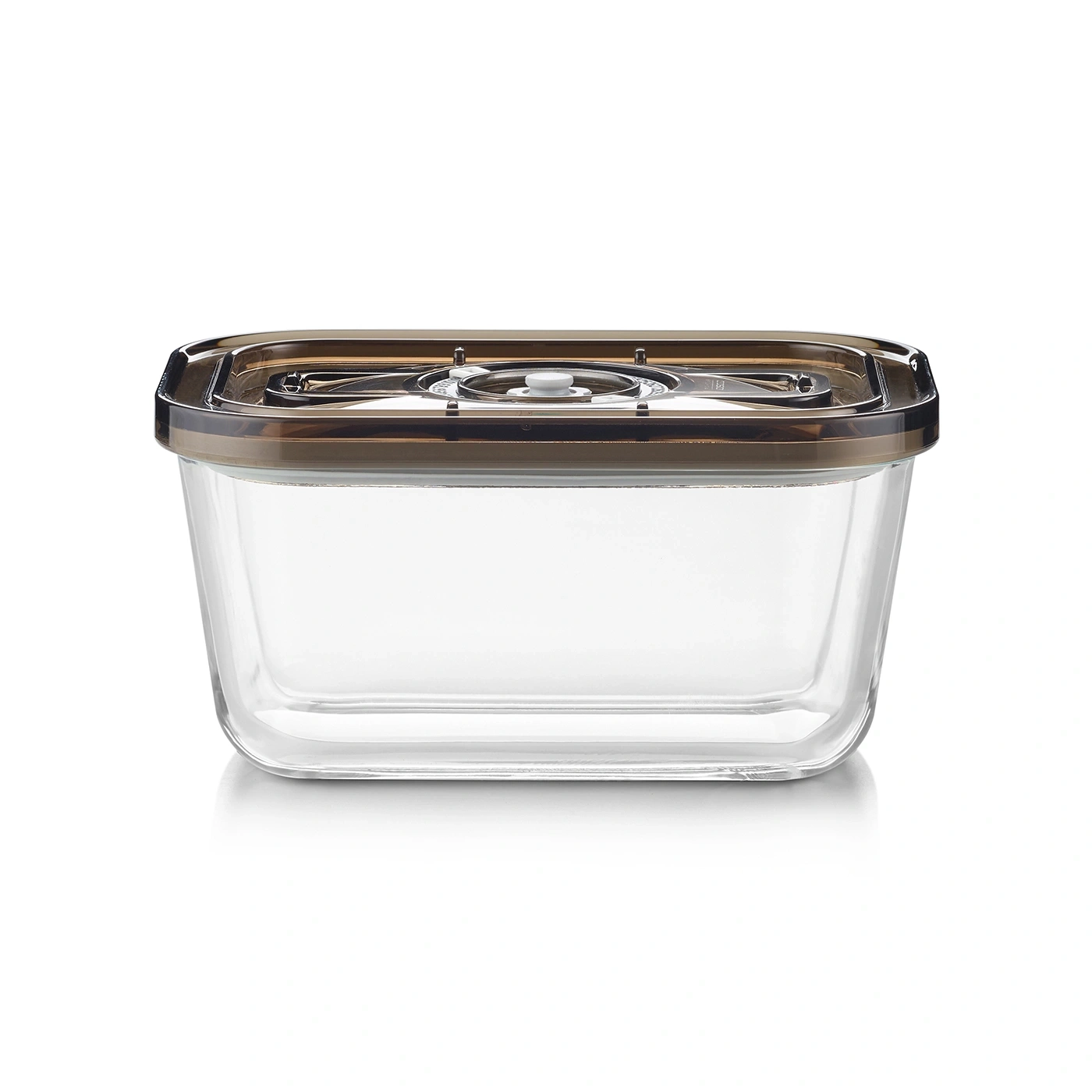 Transparent rectangular glass container with brown lid and vacuum seal