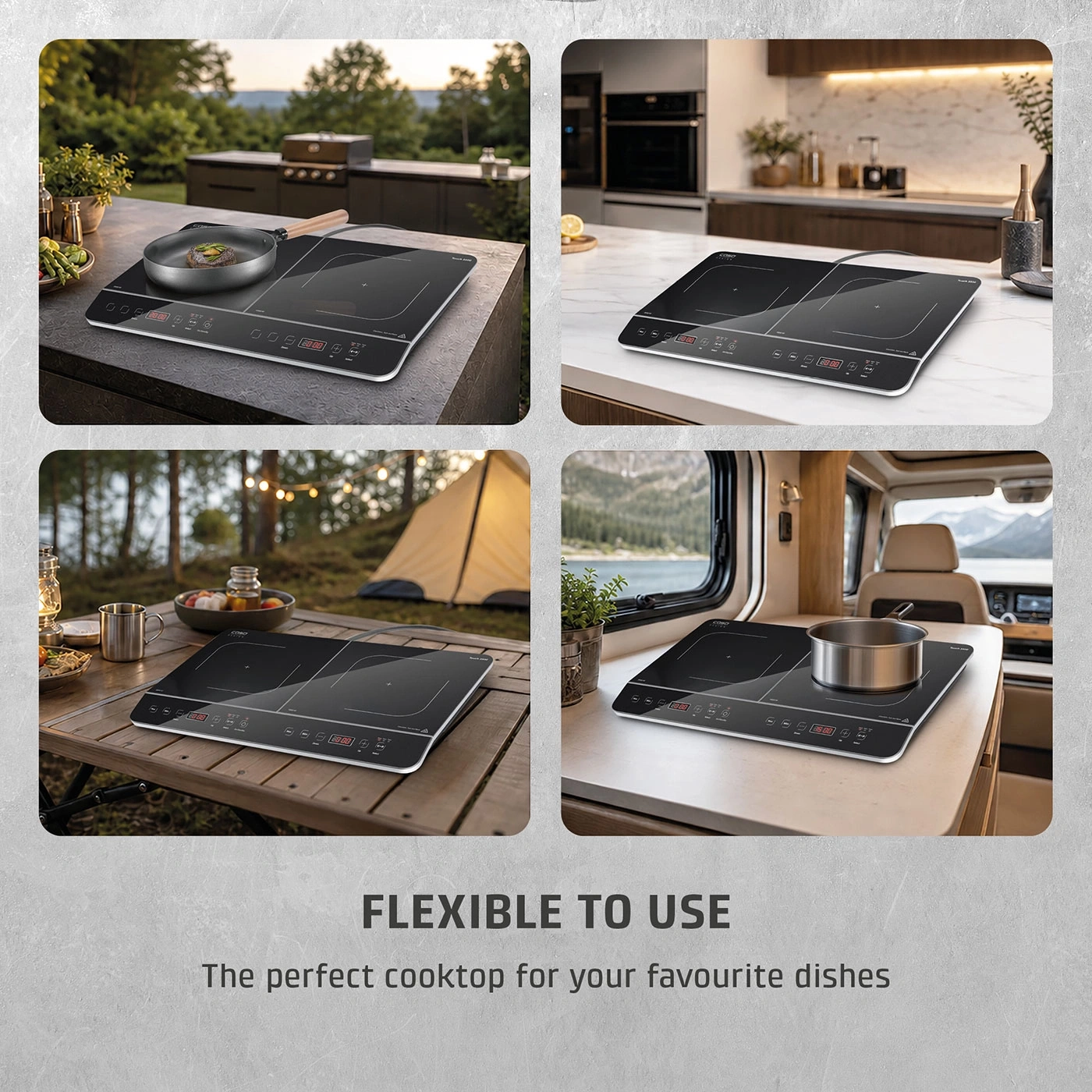 A portable induction cooktop for indoor and outdoor use, versatile for different settings.