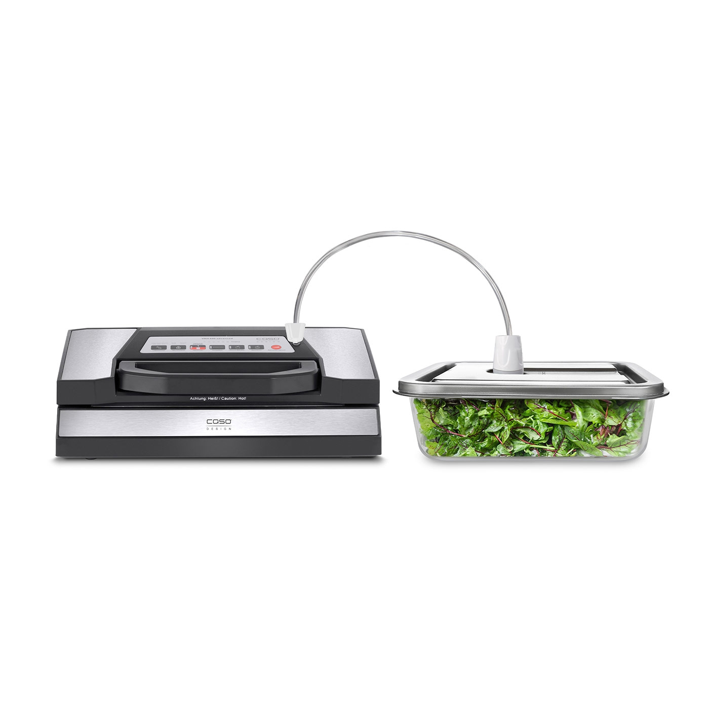 Vacuum sealer with container and salad. Keep fresh, food preservation.