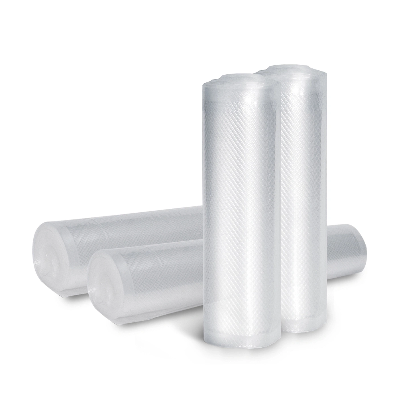 Rolls of transparent vacuum sealer bags for food on white background