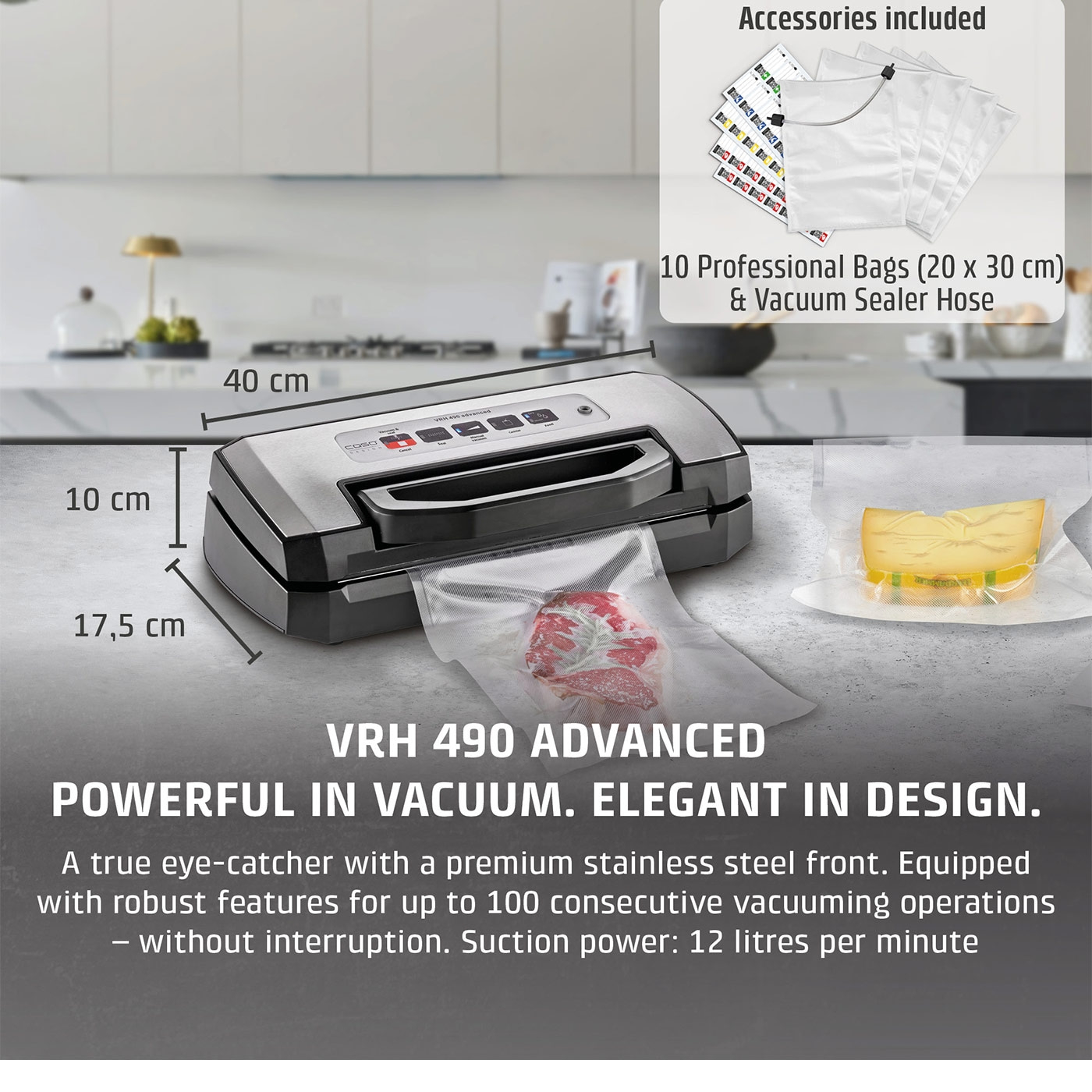 Vacuum sealer with accessories, dimensions, and descriptive text.