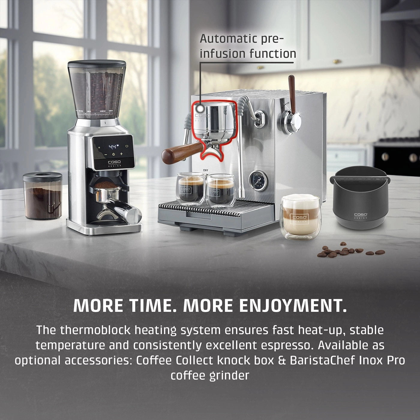 A coffee machine with a grinder and accessories on a countertop.