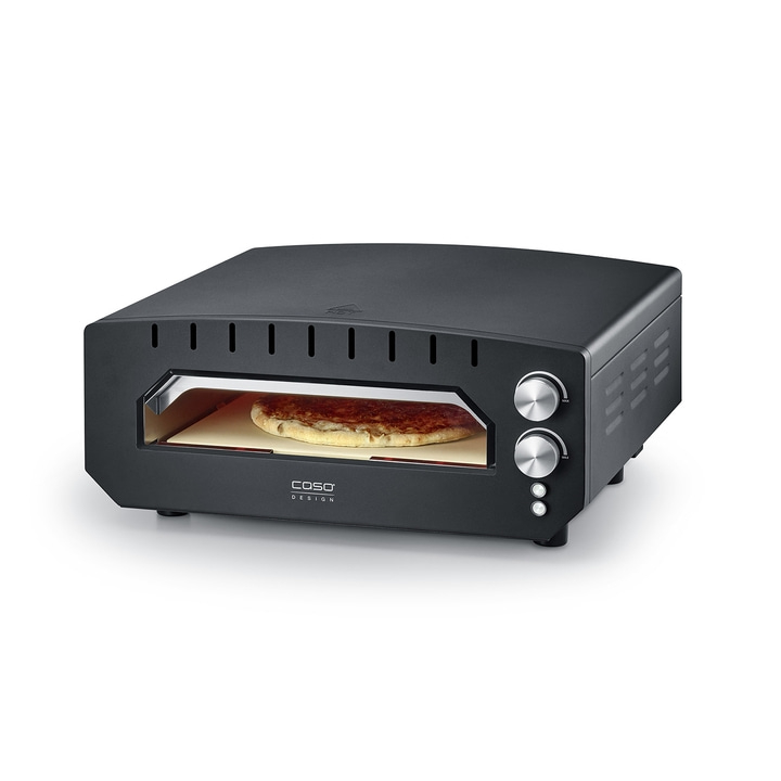 Black pizza oven with pizza, Caso Design, knobs and ventilation slots.