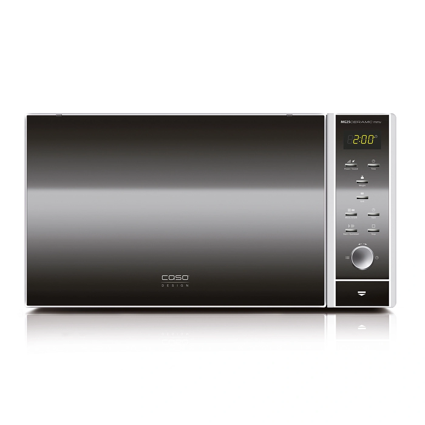 Microwave with digital display, control panel, and COSO design, MG25CERAMIC menu.