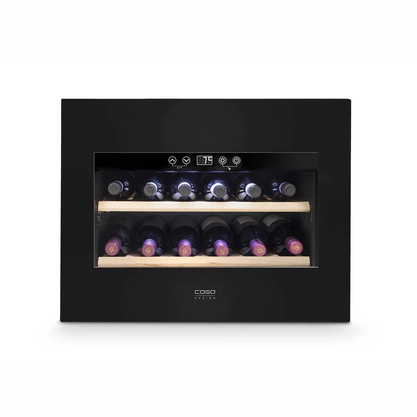 Black wine cooler with wine bottles and temperature display