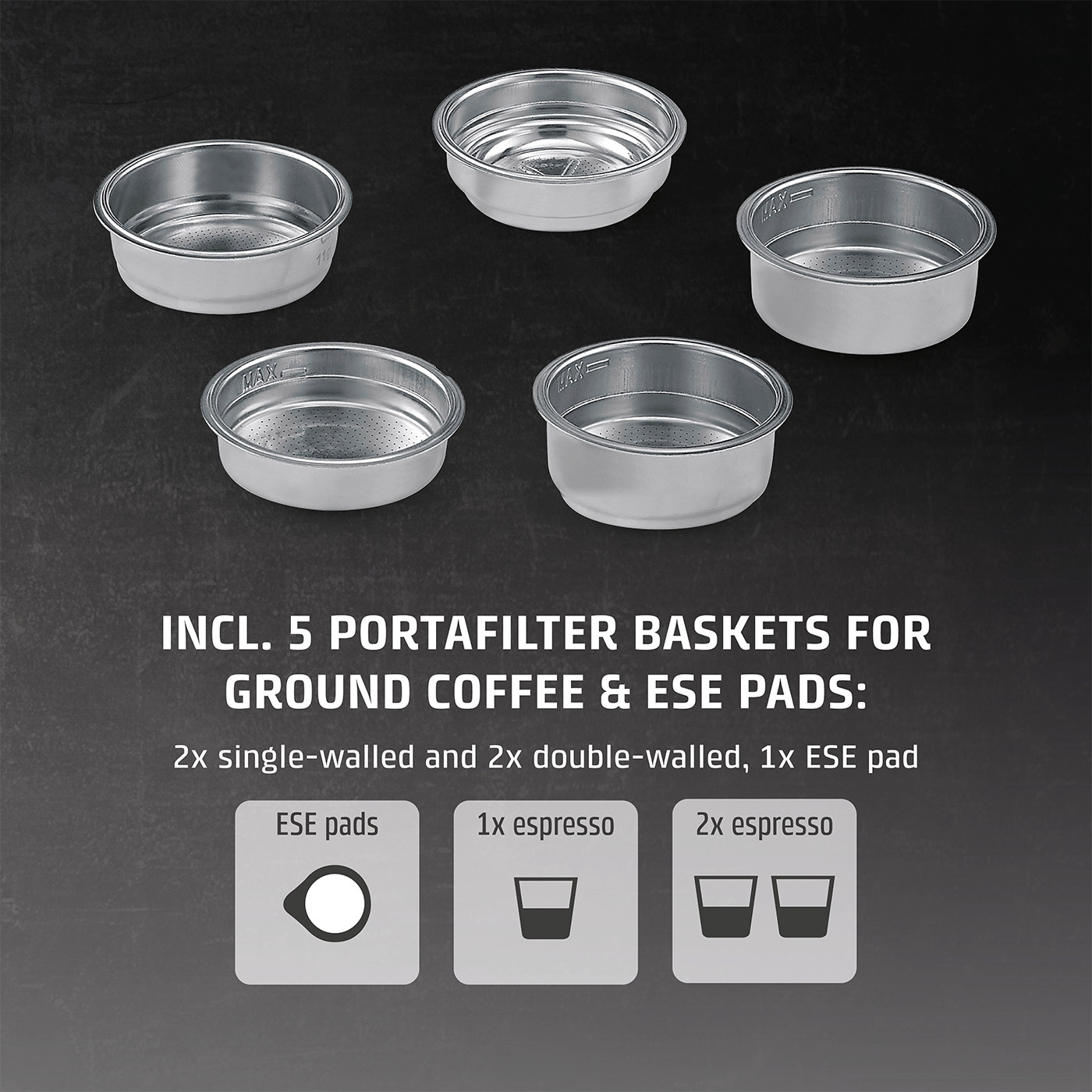 Coffee filters with text: 5 coffee sieves for ground coffee & E.S.E. pads.