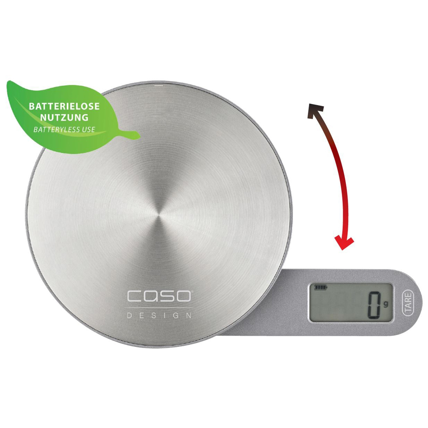 Küchenwaage mit digitaler Anzeige und batterielose Nutzung, Design von Caso.