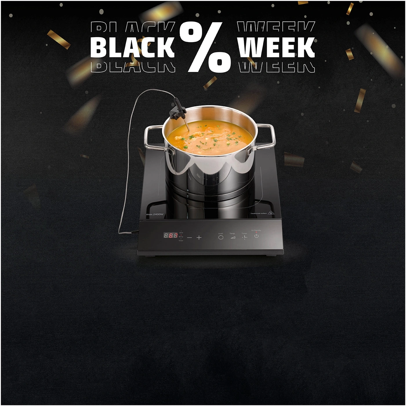 Black induction cooktop with pot, Black Week sale, cooking food, discount promotion