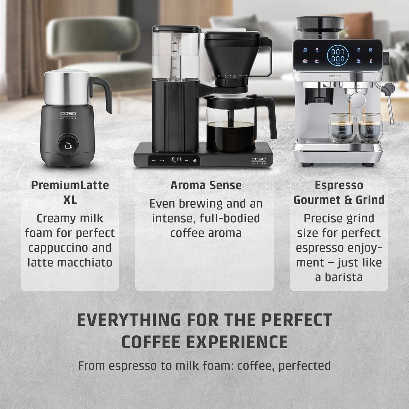 Three Caso coffee machines for perfect coffee enjoyment: a milk frother, a filter coffee machine, and an espresso machine.