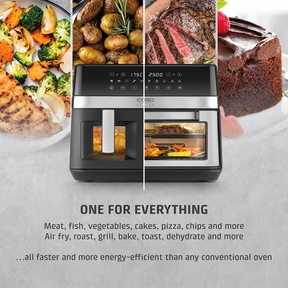 Air fryer with food: meat, vegetables, cake. Fast and energy-saving.