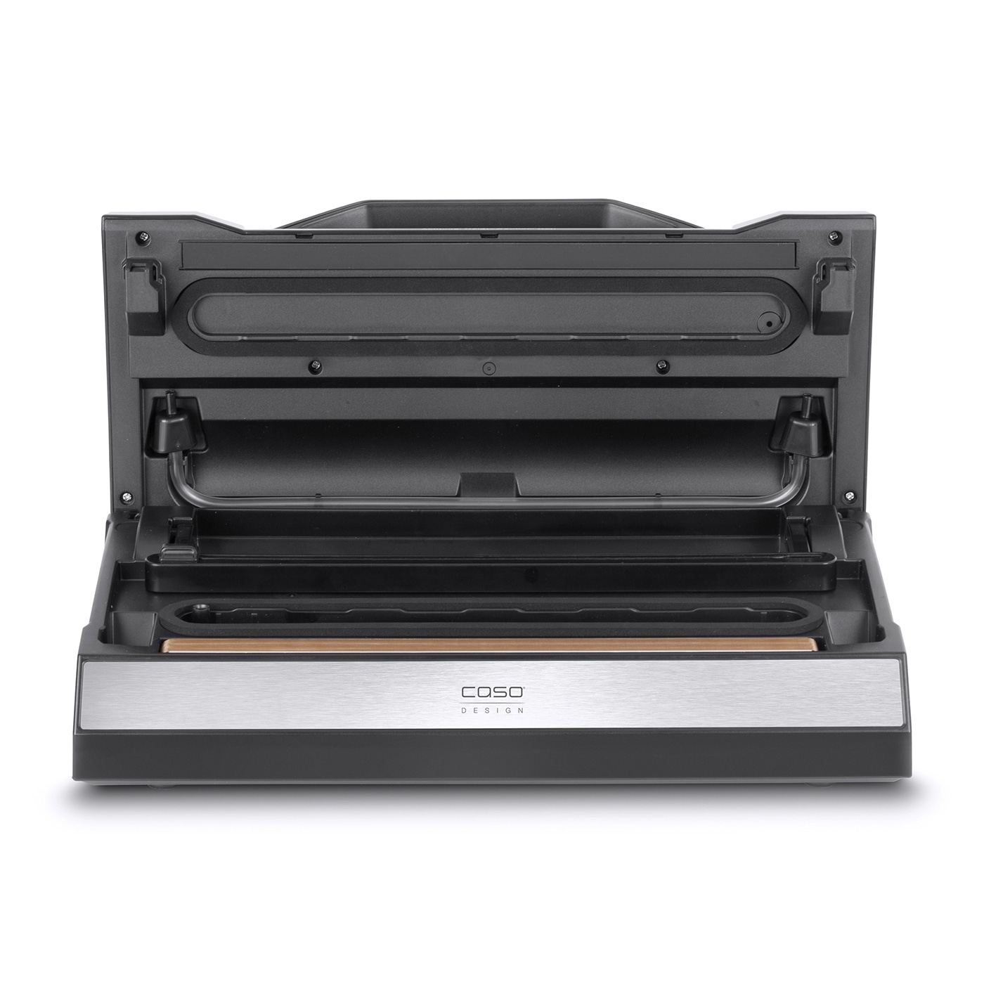 Vacuum sealer, open, with silver front and black casing, Caso Design branding