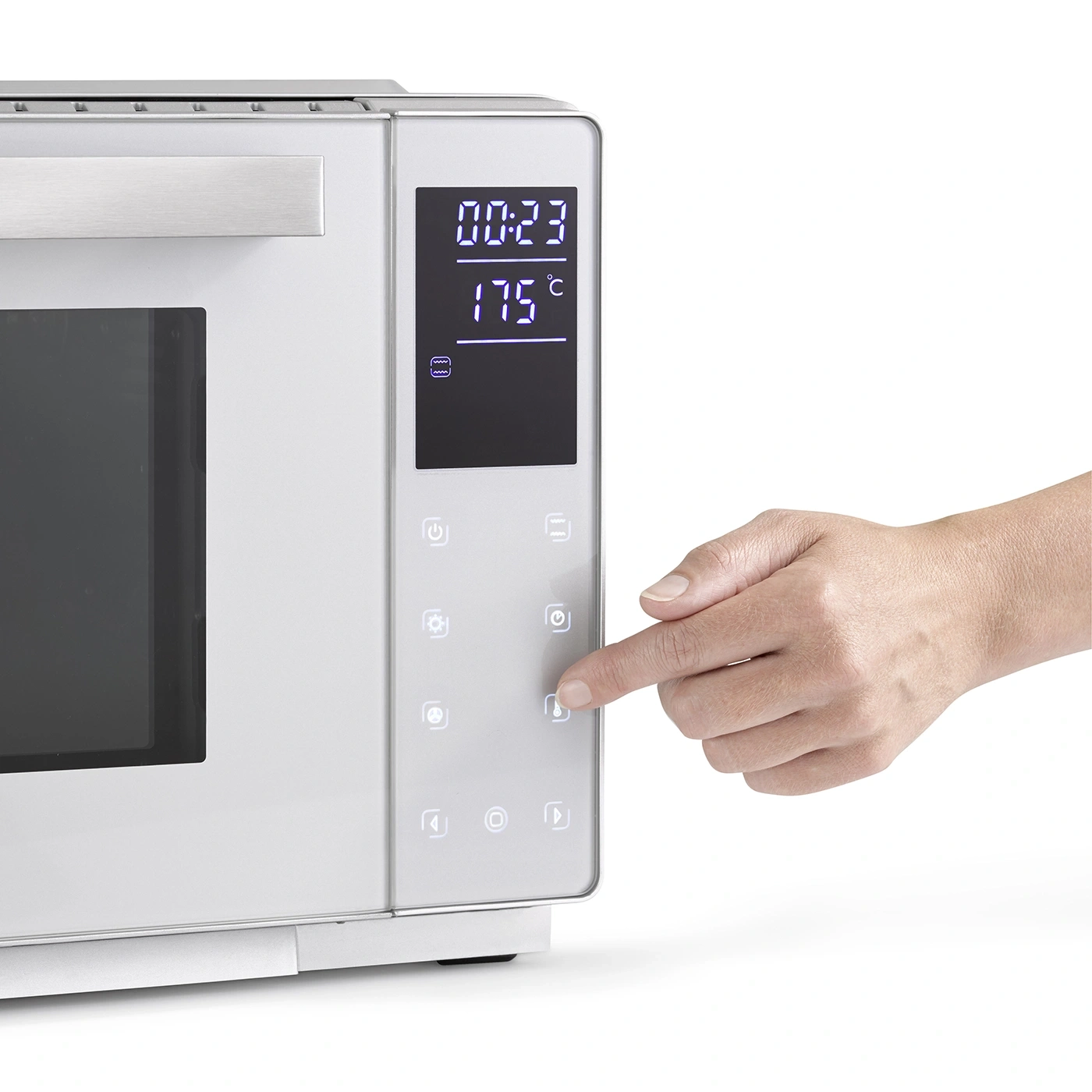 Oven with digital display and hand pressing a button to adjust the temperature.