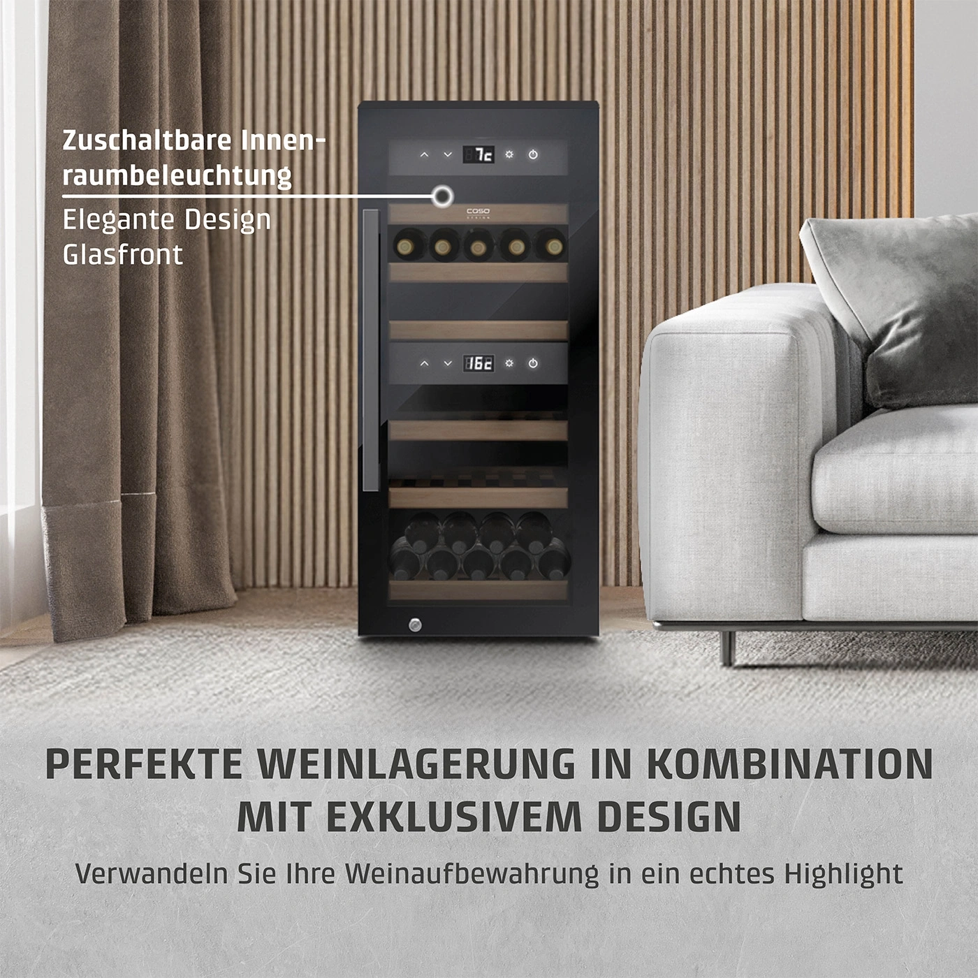 Weinkühlschrank mit elegantem Design, Glasfront und Innenraumbeleuchtung. Perfekte Weinlagerung.