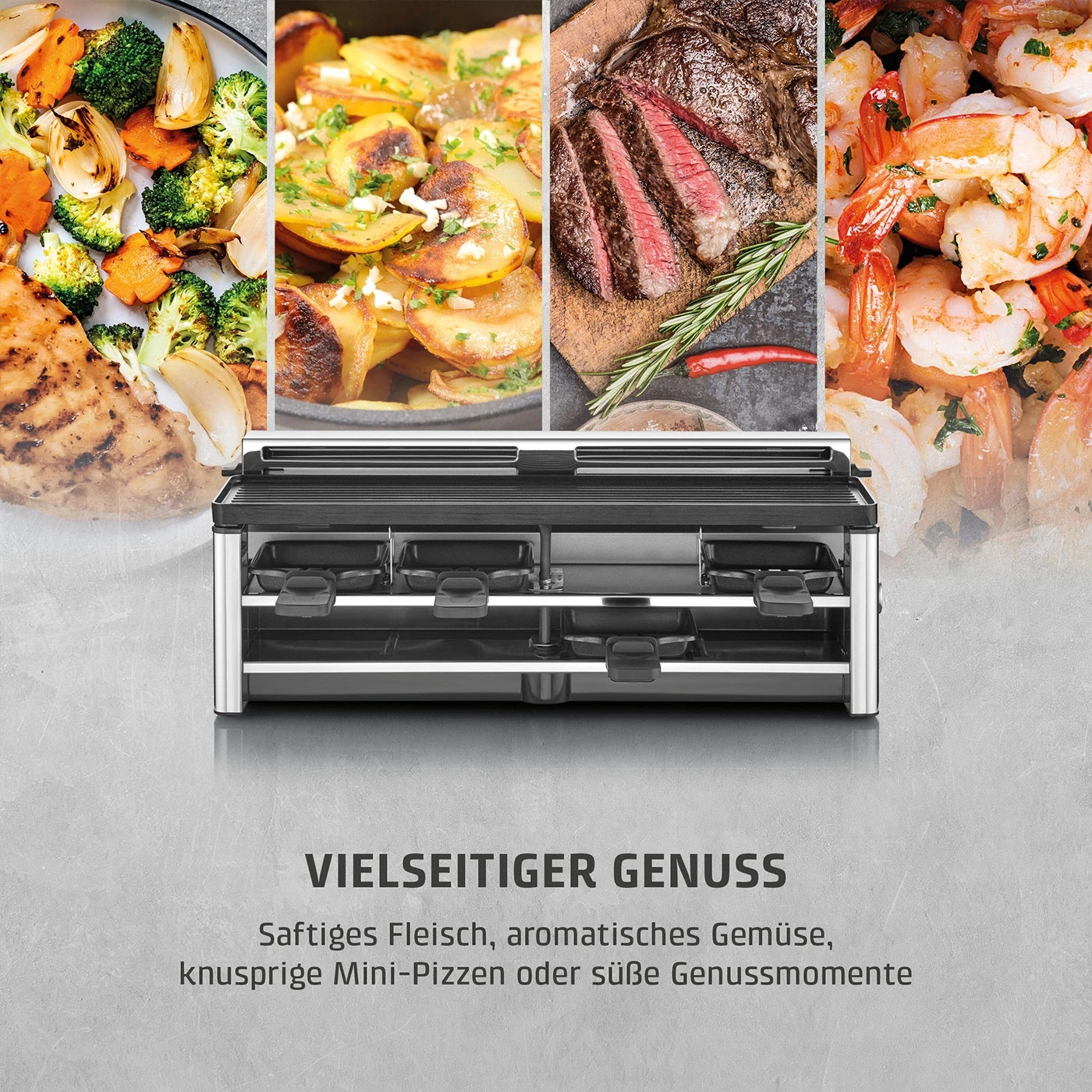 Raclette-Grill mit verschiedenen Speisen wie Fleisch, Gemüse, Kartoffeln und Garnelen.