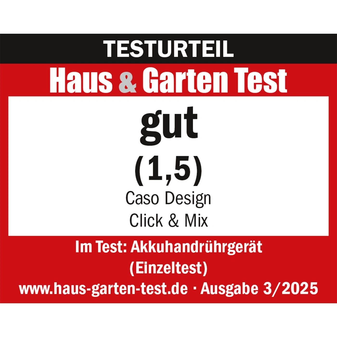 Haus & Garten Test result: good (1.5) for Caso Design Click & Mix cordless hand mixer (single test) issue 3/2025