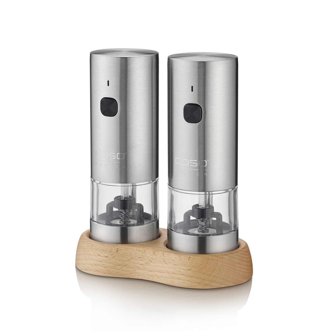 Salt and pepper grinder set, electric, stainless steel, wooden base, Caso Design, kitchen