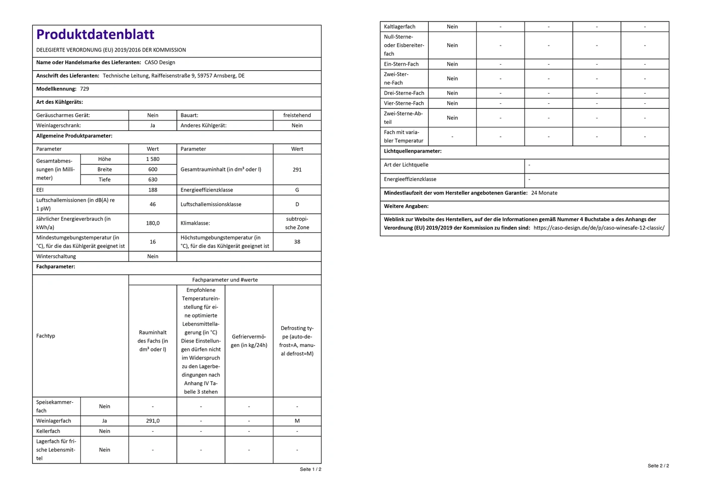 Produktdatenblatt Kühlschrank Caso Design 729, Energieeffizienz G, Weinlagerschrank, freistehend