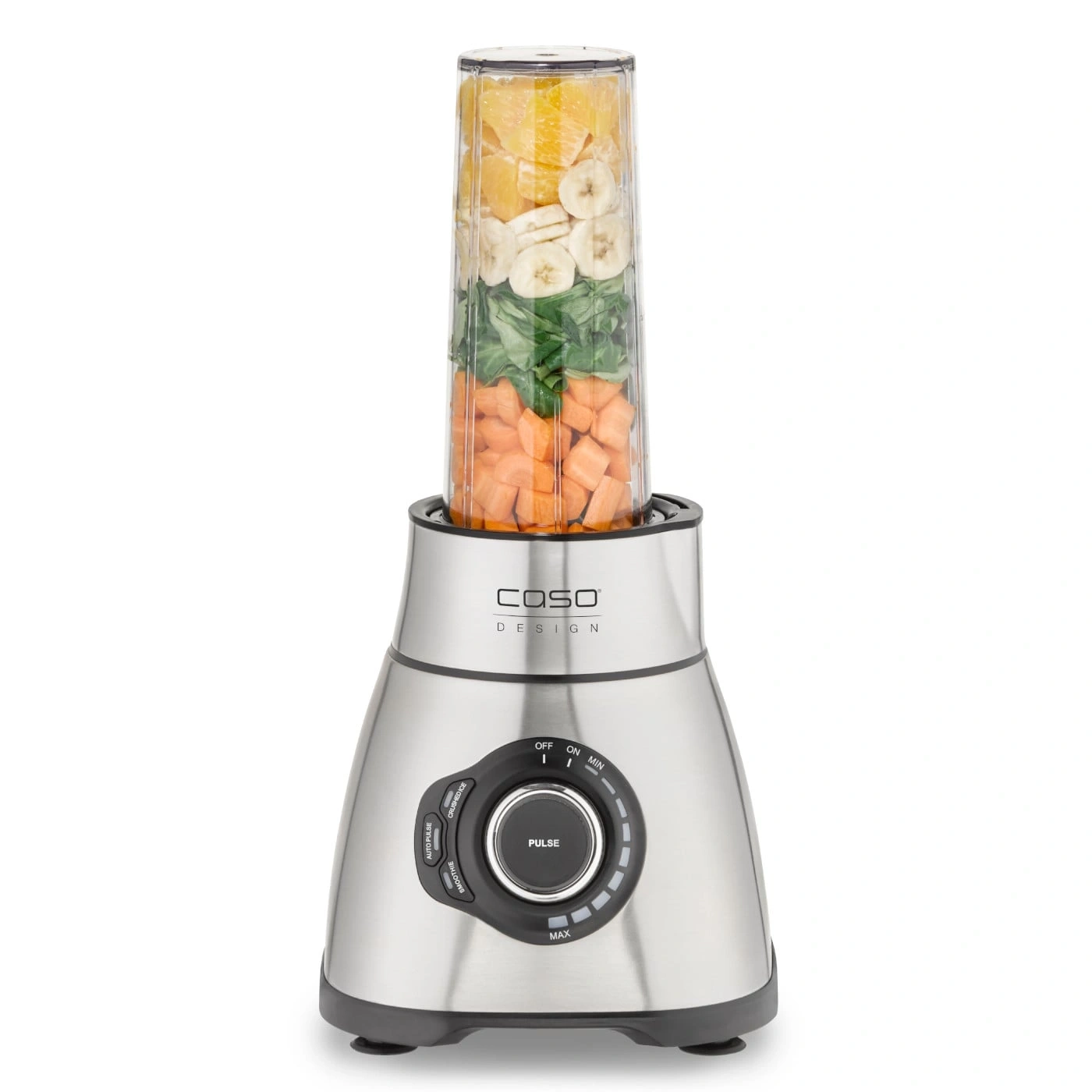 Blender with ingredients. Stainless steel design. Vegetables, fruits and leaves. Smoothie preparation.