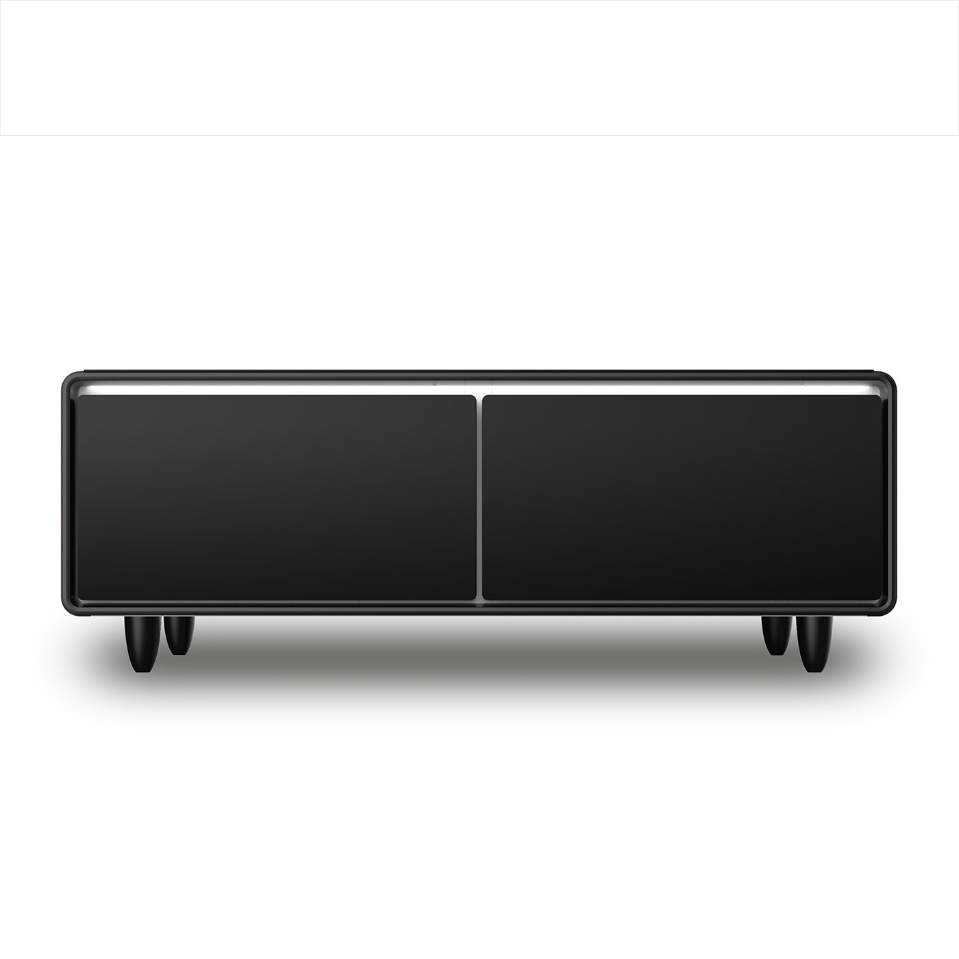 Black cabinet with two doors and four legs on a white background.