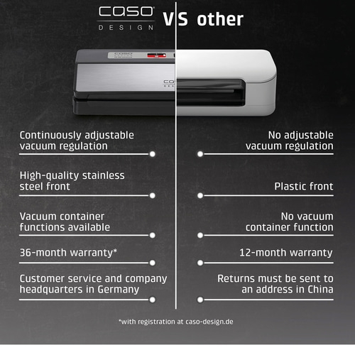 Caso Design vacuum sealer comparison: Even vacuum, stainless steel front, 36 months warranty vs. others.