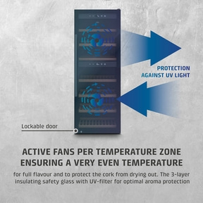 Wine cooler with active fans, lockable door, and UV protection.