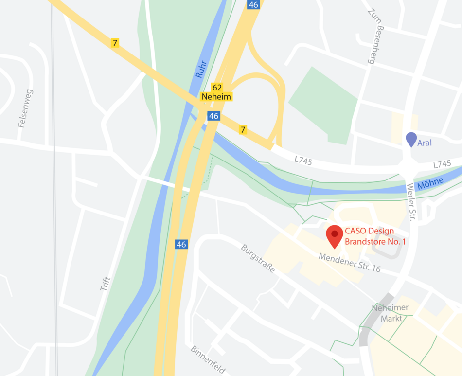 Map of CASO Design Brandstore No. 1 in Neheim, Germany, showing roads.