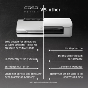 Comparison of Caso vacuum sealer with others: stop button, warranty, customer service.