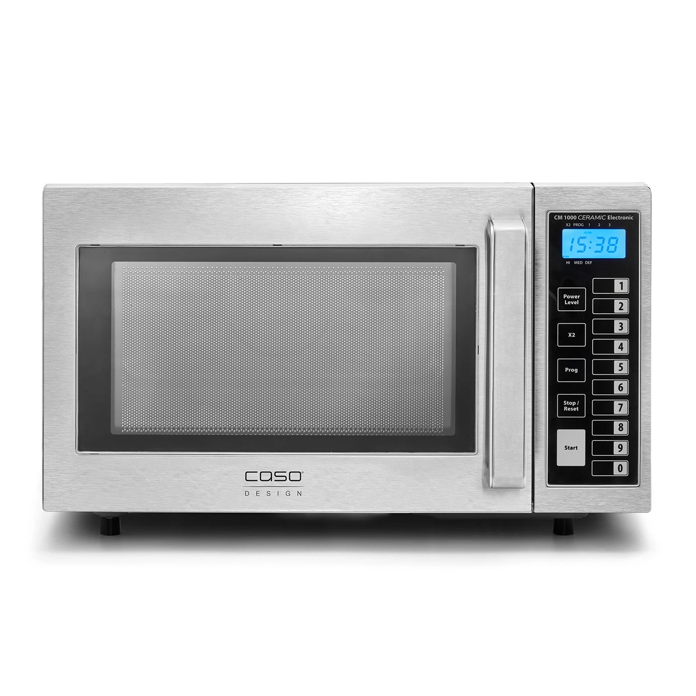 Microwave with digital display and control panel, stainless steel design, Caso Design.