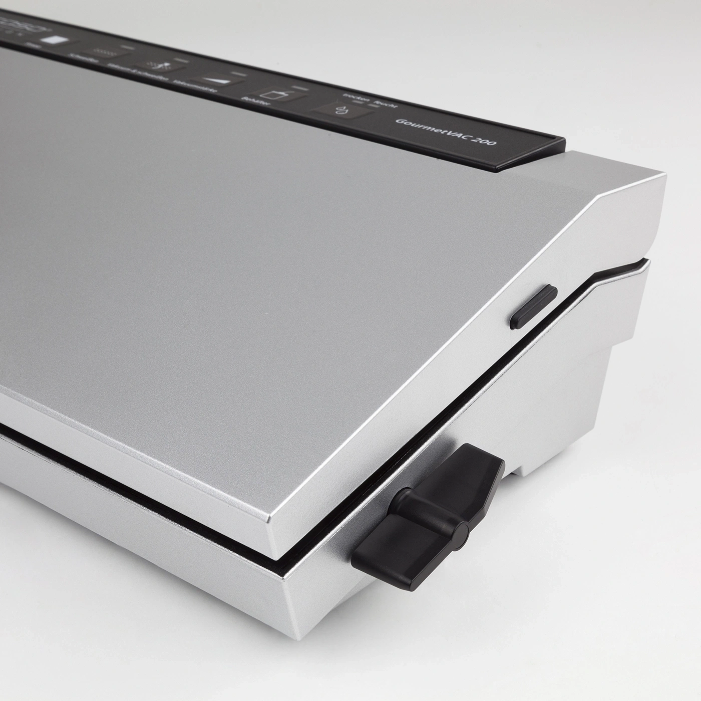 Silver vacuum sealer with black control panel and twist lock, GourmetVAC 200 appliance.