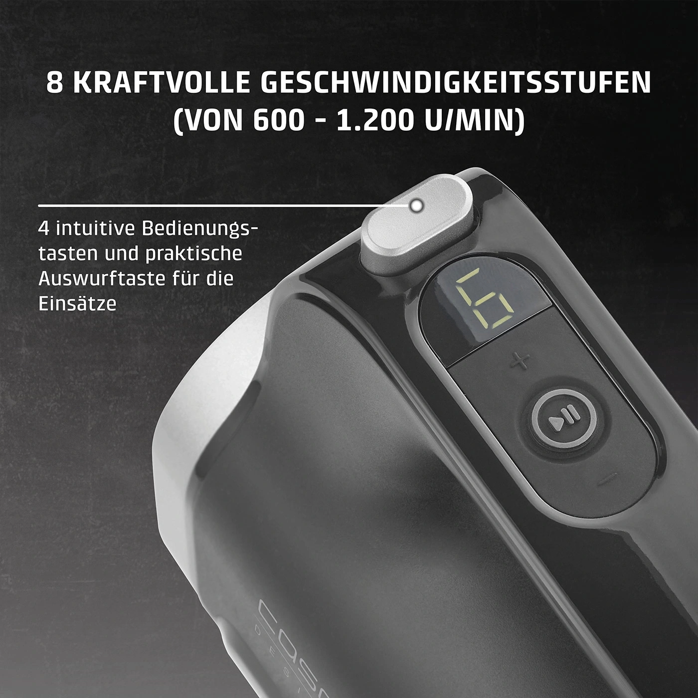 Nahaufnahme eines schwarzen Geräts mit digitalen Geschwindigkeitsanzeigen und Bedienelementen.