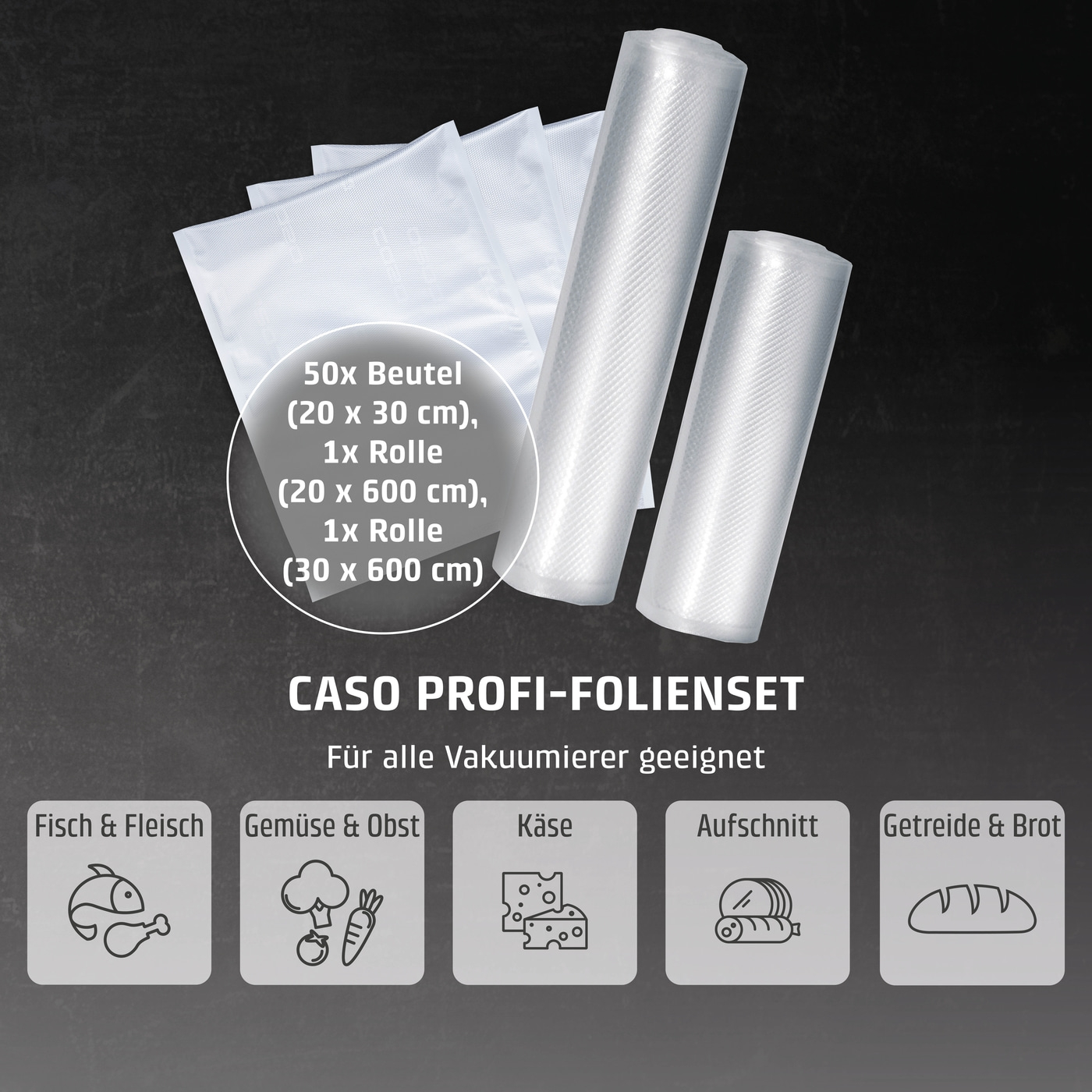Vacuum sealing foil set with bags and rolls for food, fish, vegetables, cheese, cold cuts, bread