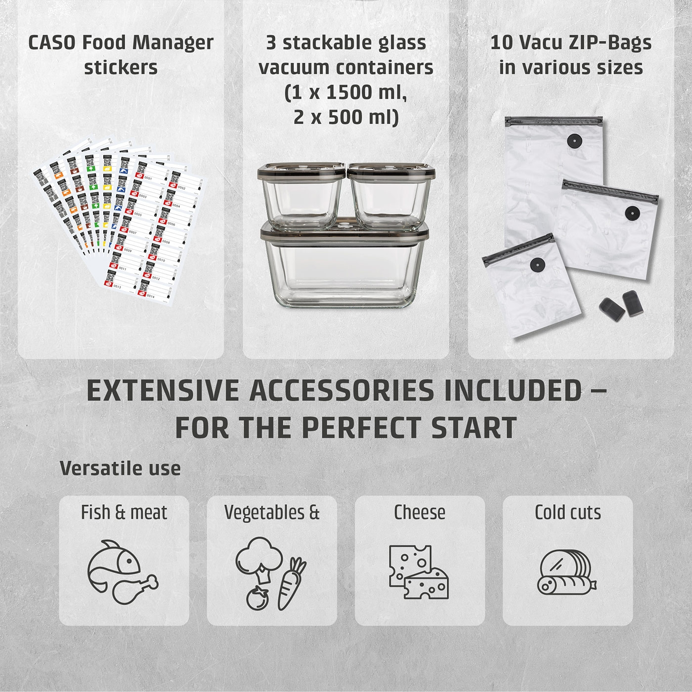 CASO Food Manager set with vacuum containers, ZIP bags, and stickers for food storage.