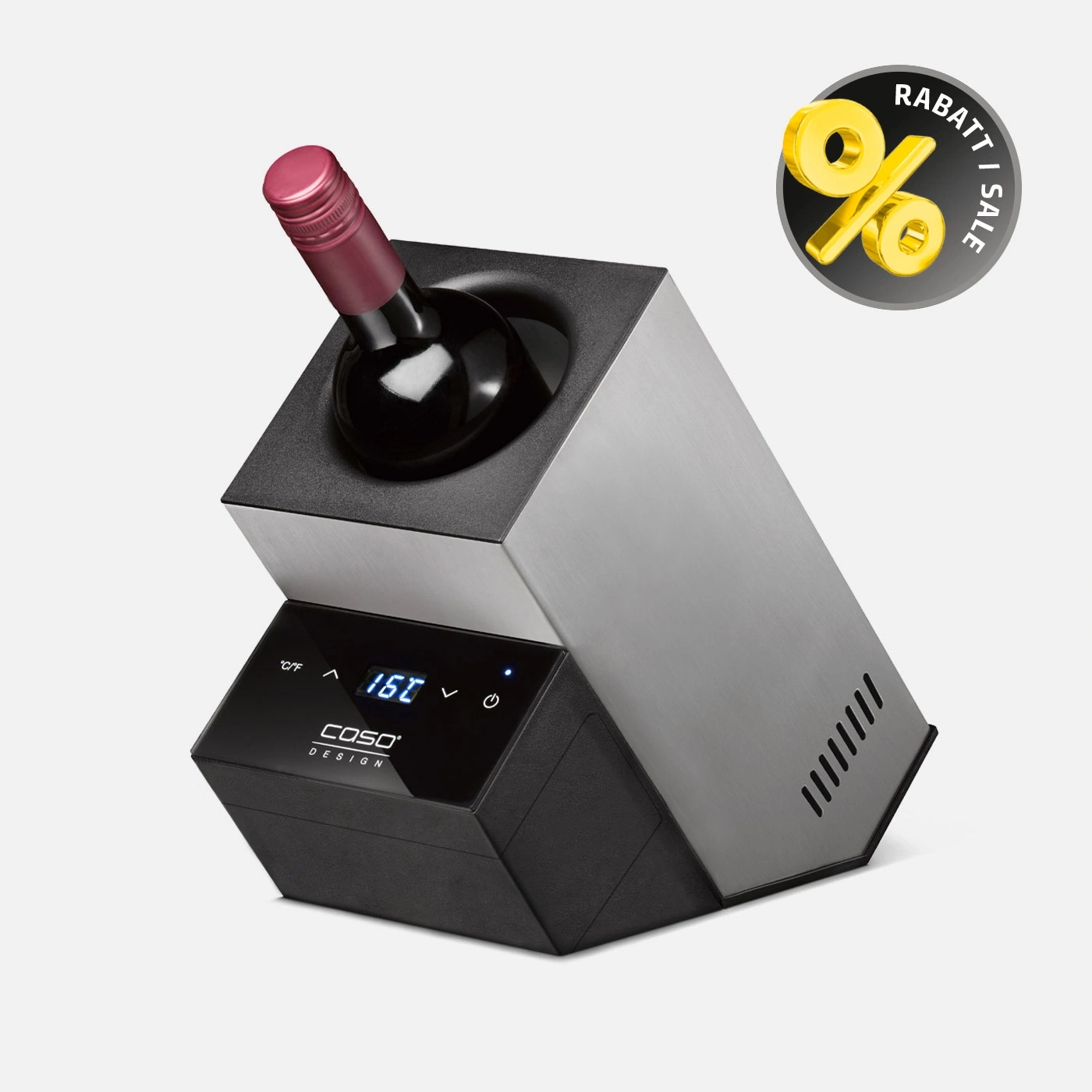 A wine cooler with a digital display and a discount symbol.