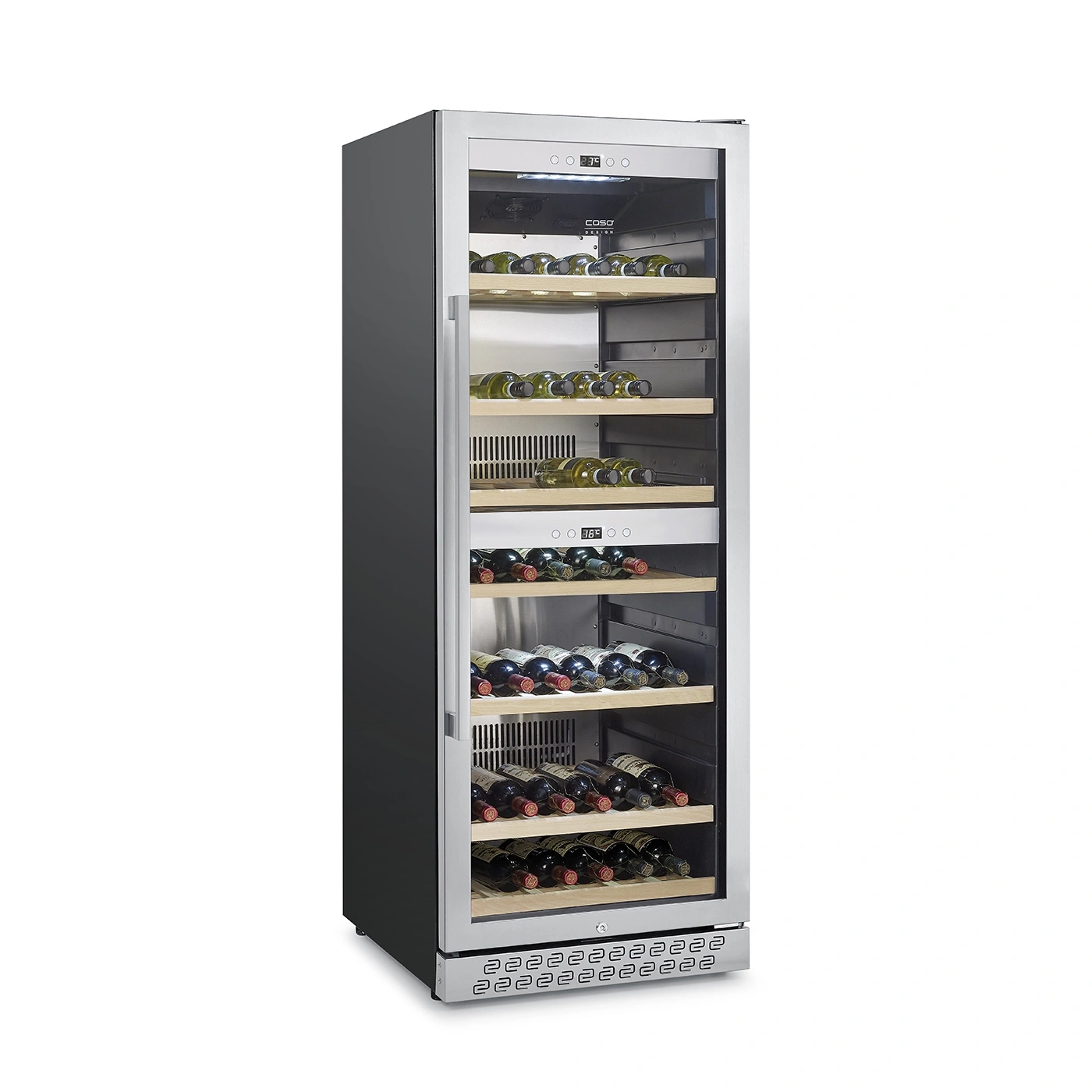 A modern wine cooler with a glass door and wooden shelves, filled with wine bottles.