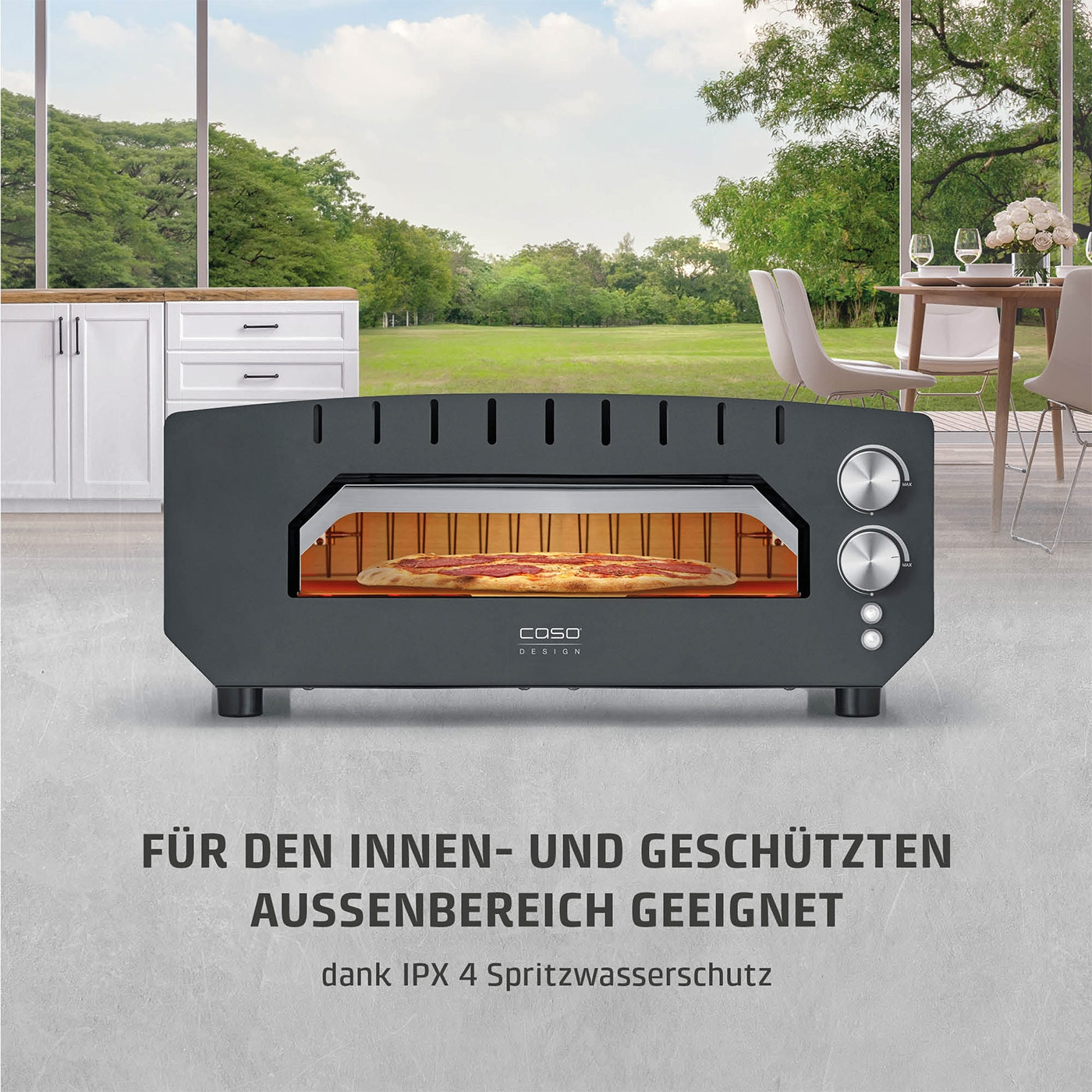 Pizza oven for indoor and outdoor use, IPX 4 splash protection, gray color, design