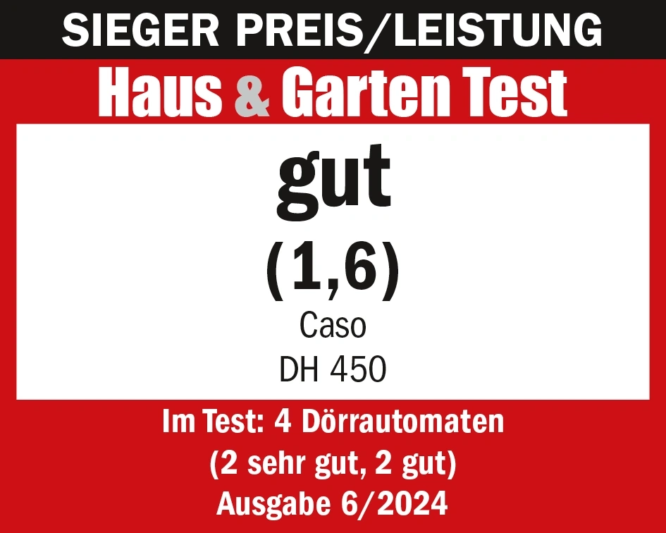 Auszeichnung für Haus & Garten Test mit gut (1,6) für Caso DH 450, Ausgabe 6/2024.