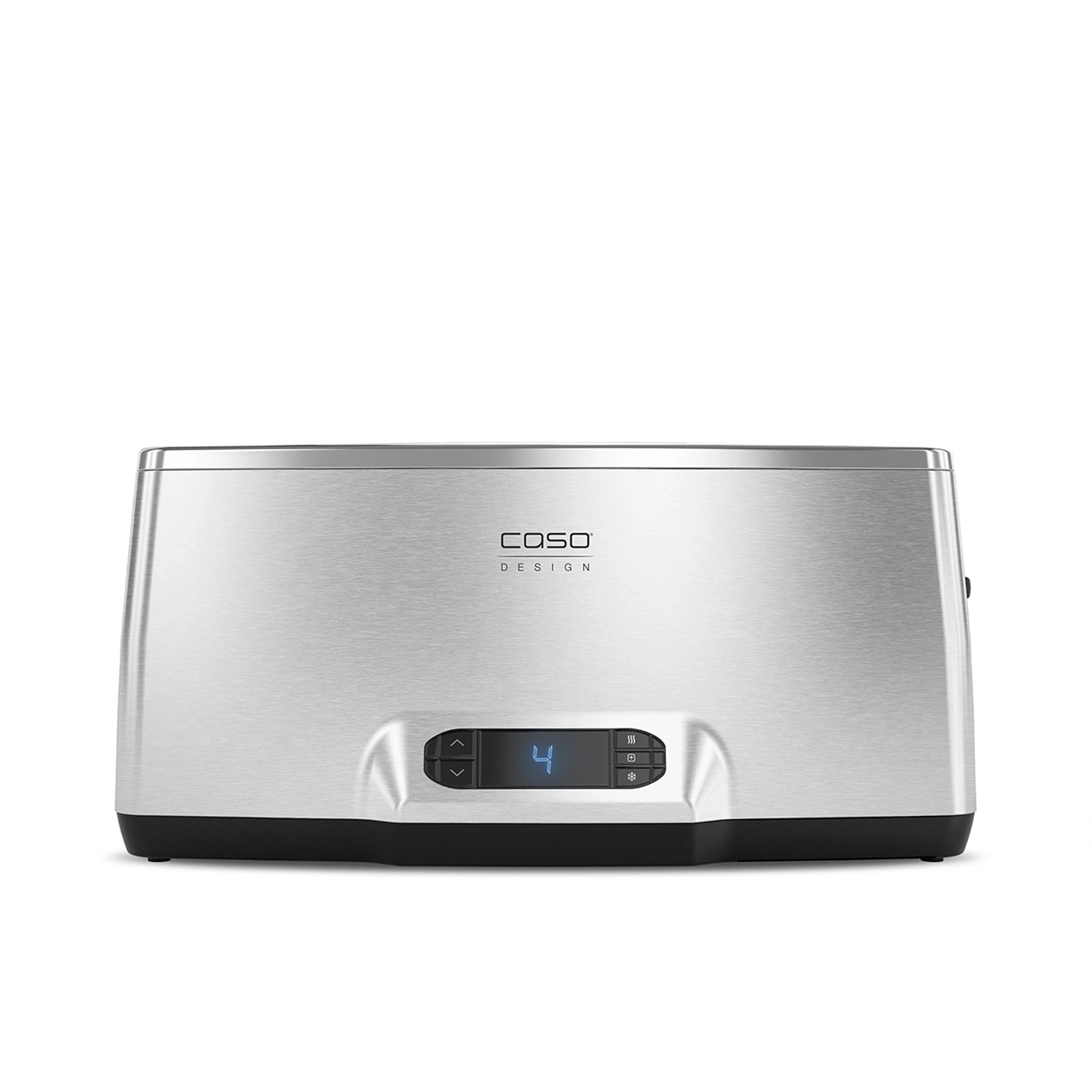 Silberner Toaster mit digitaler Anzeige und der Marke Caso Design.