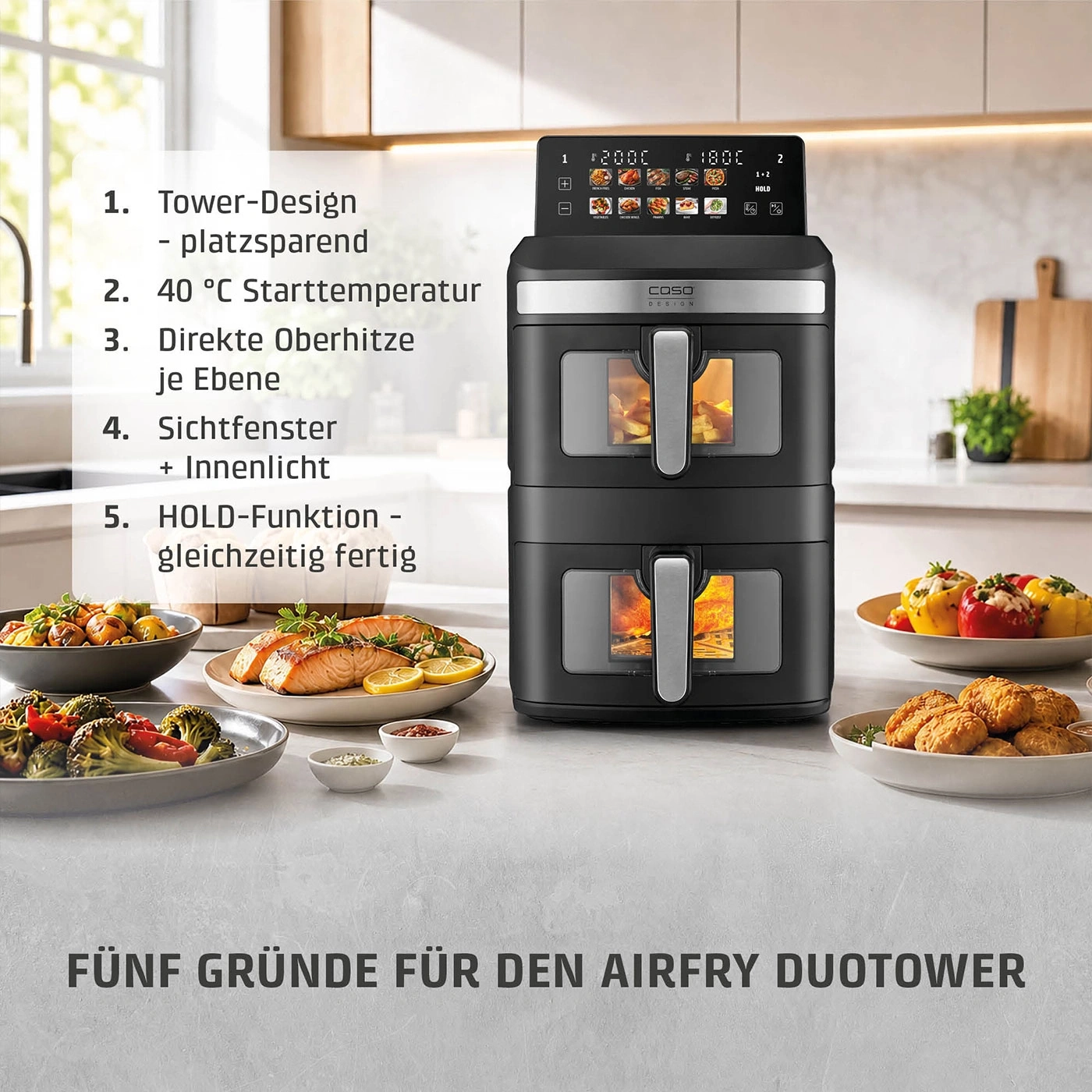Doppel-Heißluftfritteuse mit Sichtfenstern und verschiedenen Speisen