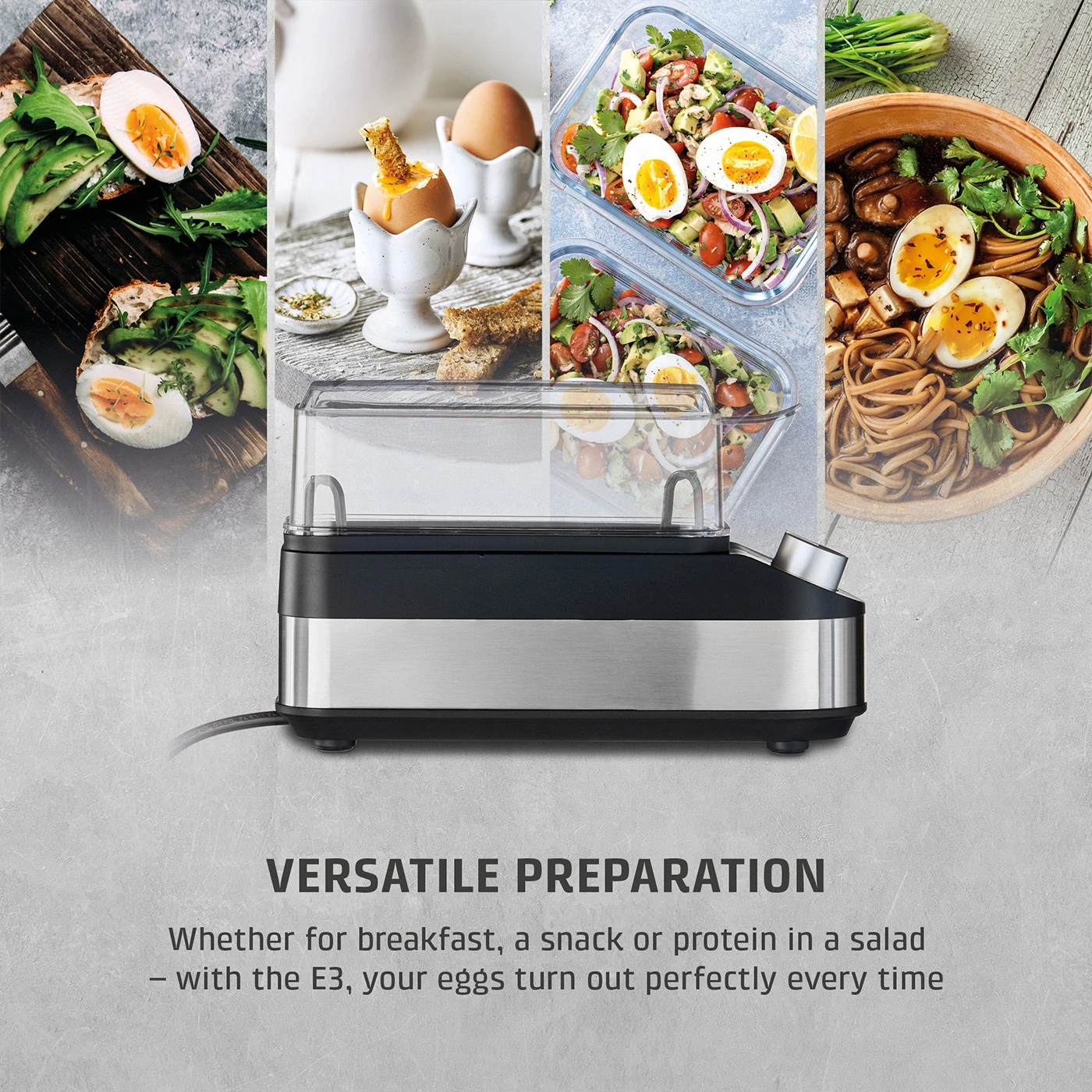 Egg cooker with various egg dishes and text.
