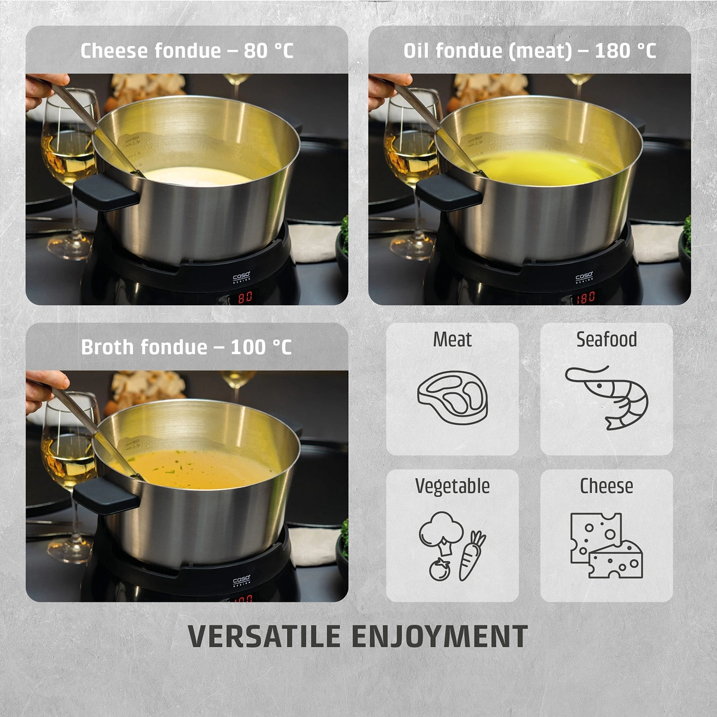 A fondue set with options for cheese, oil, and broth fondue.