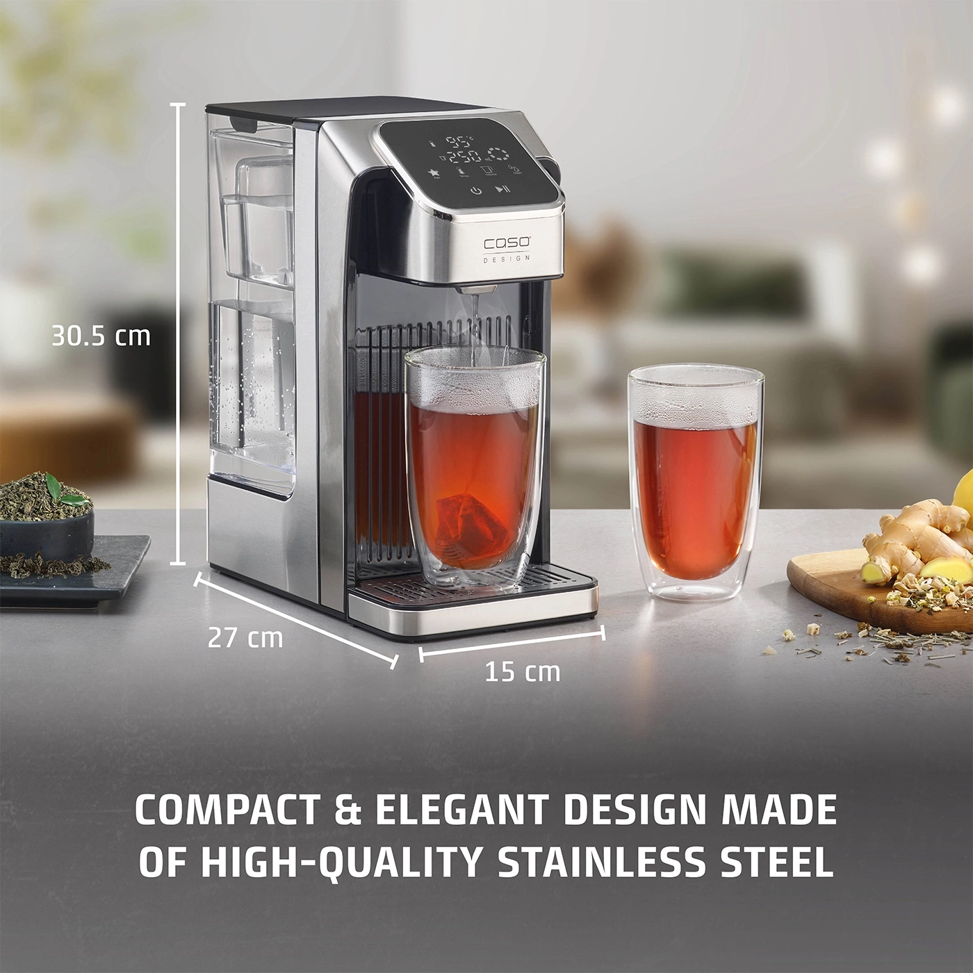 Stainless steel tea machine, 30.5 cm high, 27 cm wide, 15 cm deep, with two glasses