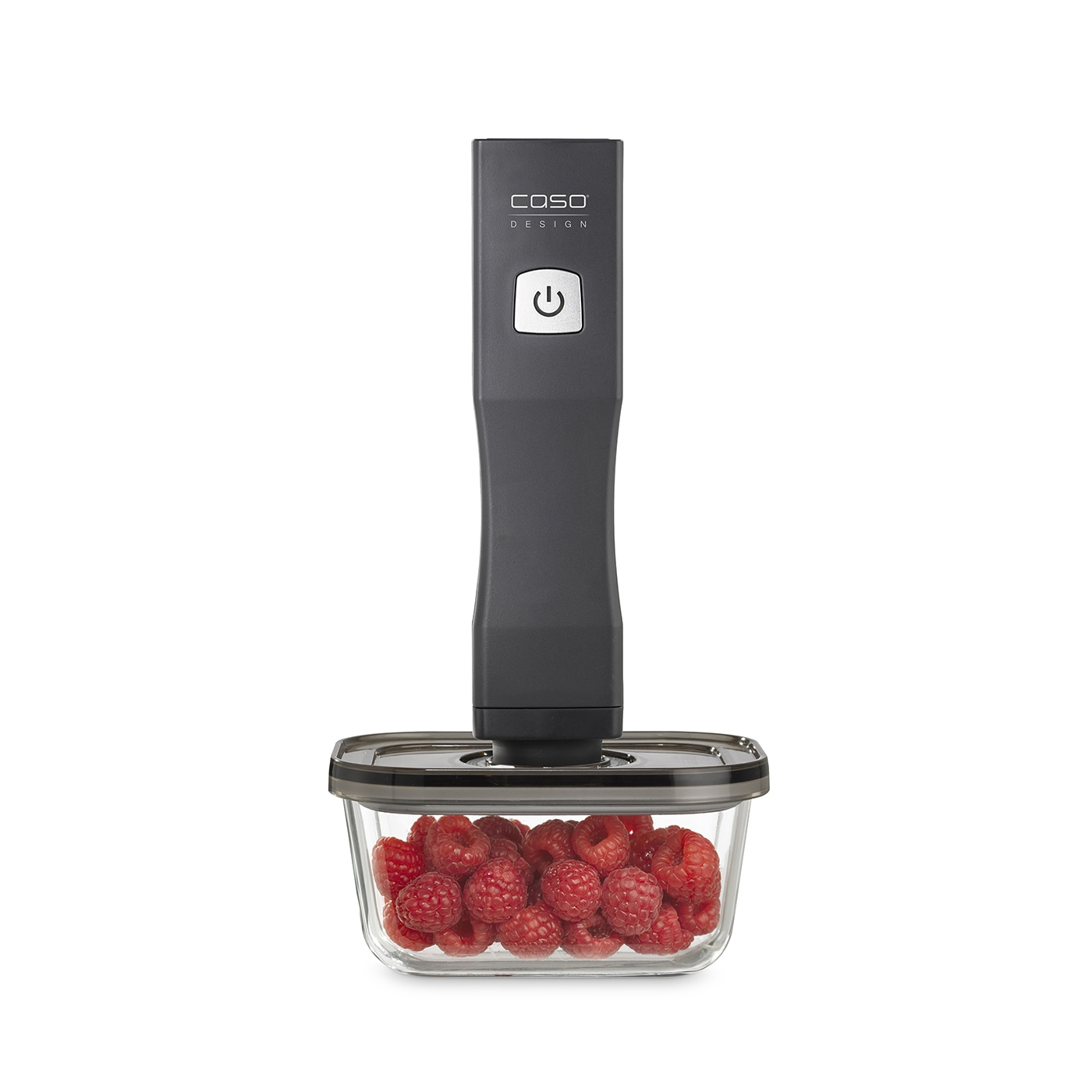 Vacuum sealer with raspberries in a glass container, Caso Design