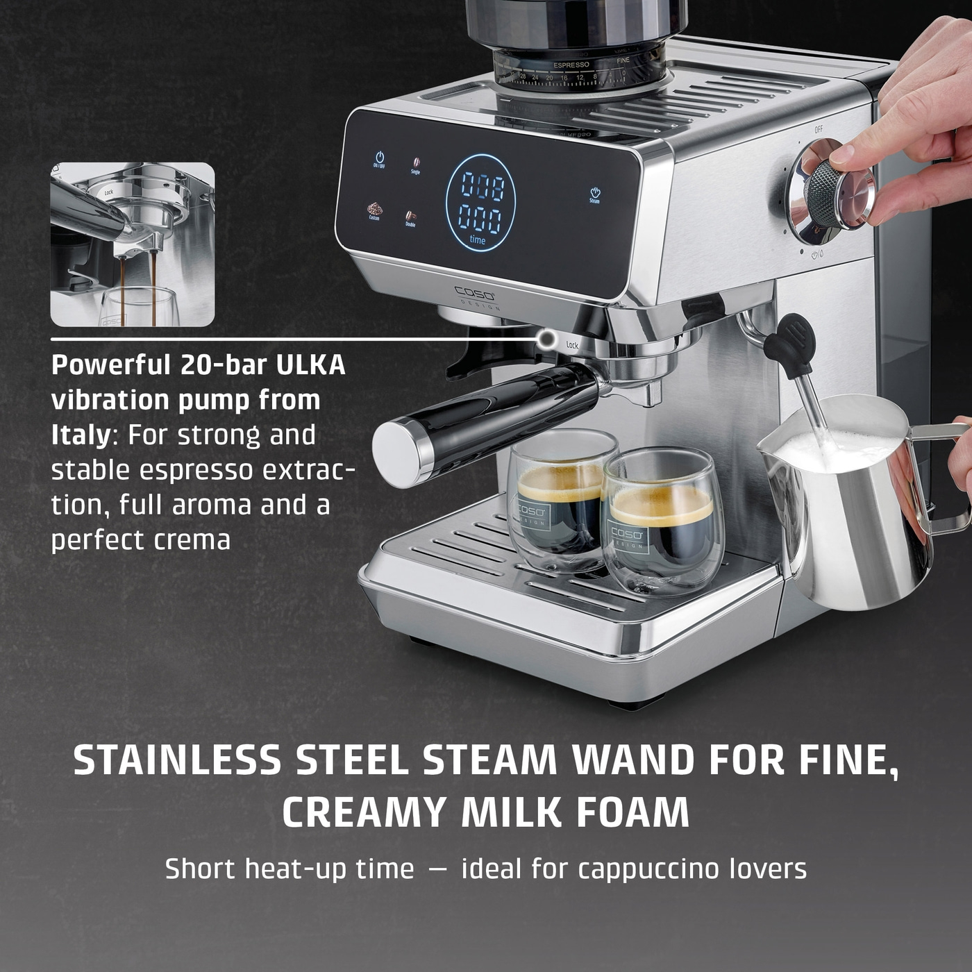 A silver espresso machine with two glasses and a milk frothing pitcher.