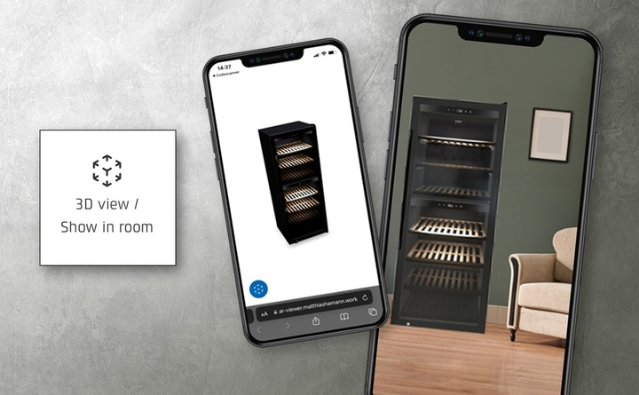 Smartphone displays 3D view of a wine cooler in a room.